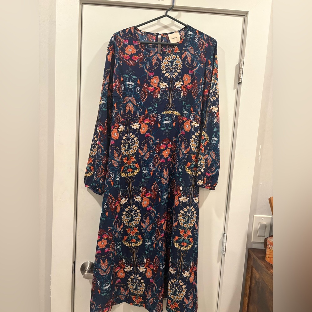 Navy Floral Long-Sleeve Maxi Dress with Orange and Pink Blooms